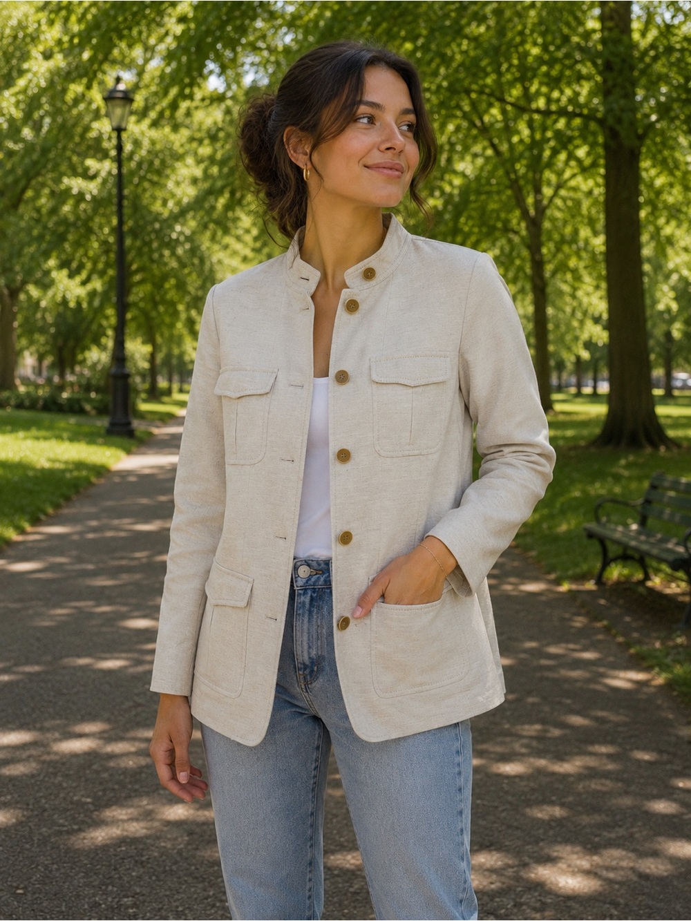 Banana Republic Cream Cotton Jacket with Map-Print Lining